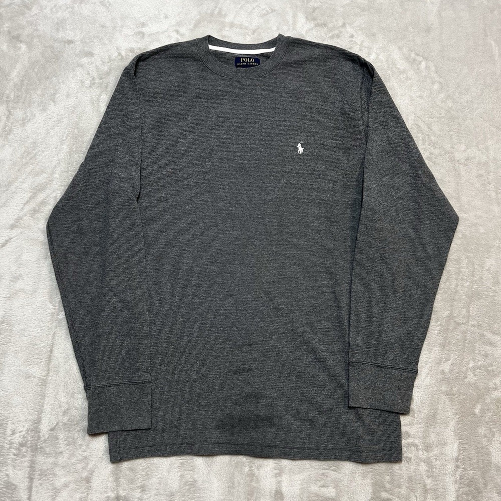 Polo Ralph Lauren Men 1XT Gray Waffle Knit Long Sleeve Thermal Sleep Shirt Logo